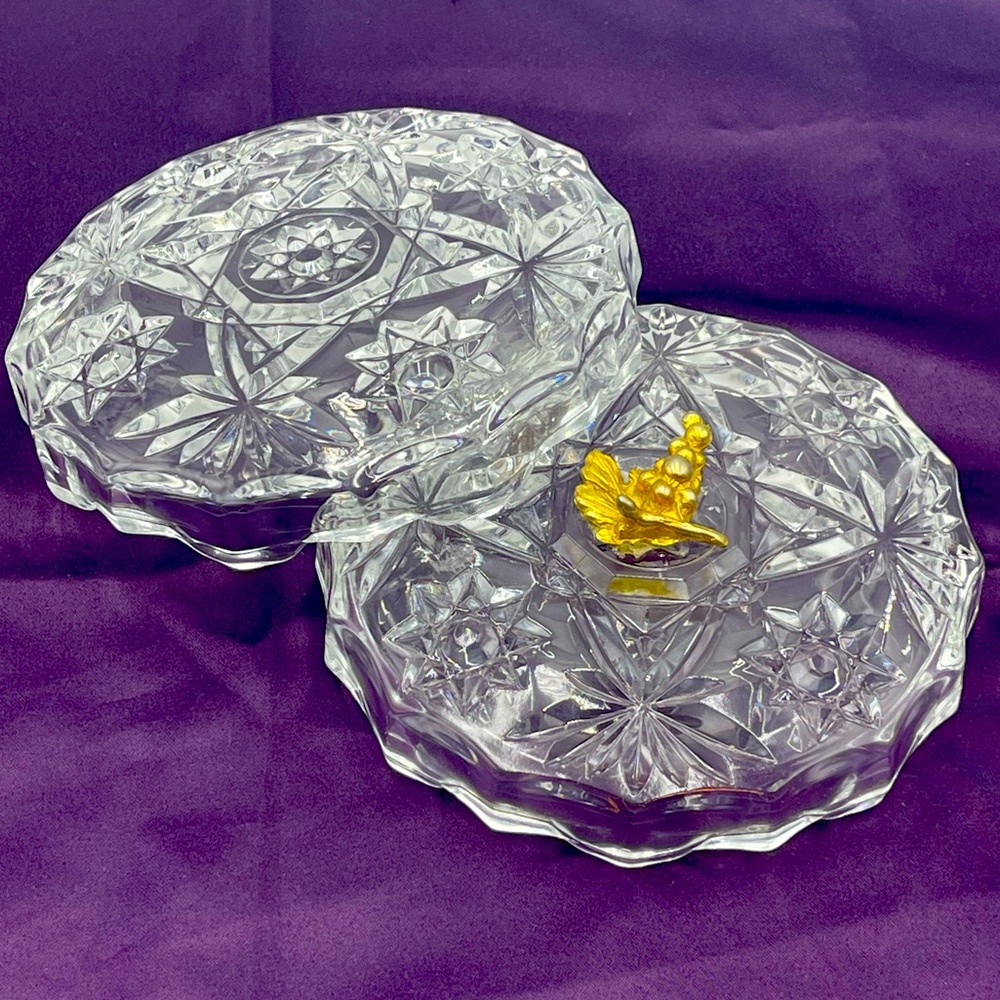 Anchor Hocking “Prescut” Crystal Trinket Box w/ Brass Grape Cluster Accent Lid - Picture 10 of 16